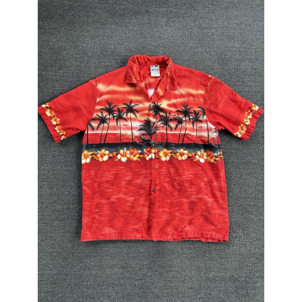 Vintage Hawaiian Togs Aloha Shirt Men's XL Red Sunset Palm Tree Made in Hawaii